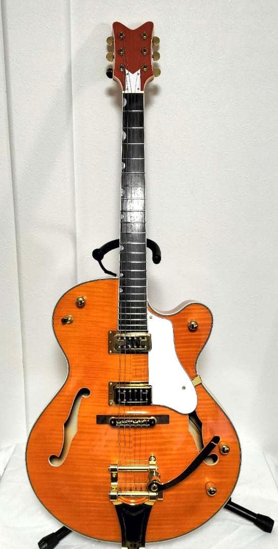 フルアコアーチトップギター③　オレンジ虎目トレモロアーム　ステンレスフレット