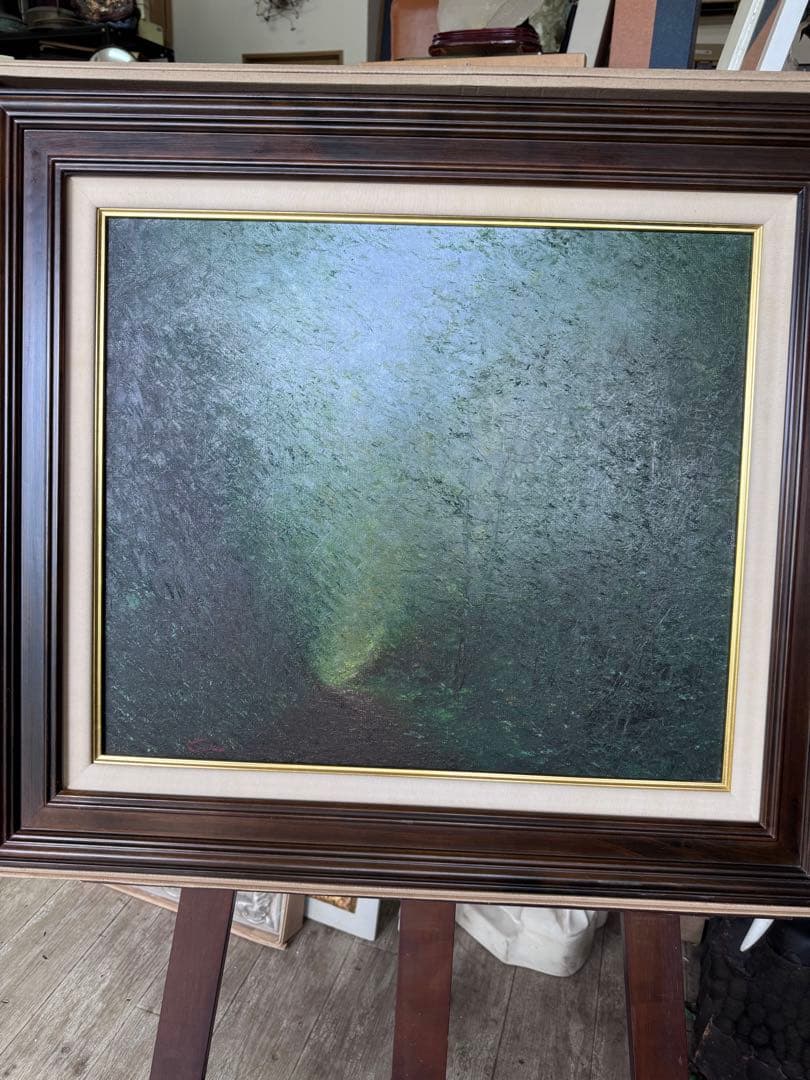 板垣文雄 油彩画 NO.1953 1988年制作　山形県古寺への経にて黒檀額付き