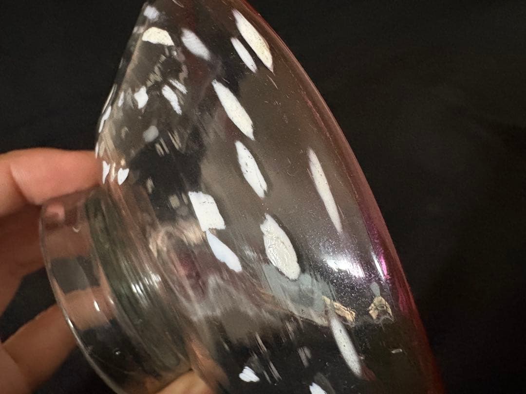 大正ガラス　和ガラス　ウランガラス 桃色縁　白雪模様