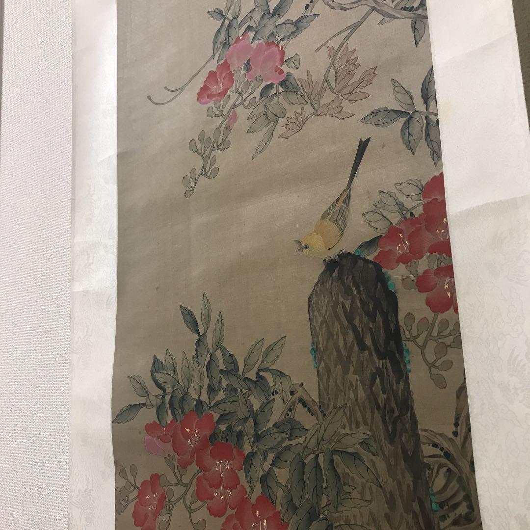 古い　中国掛軸　花鳥　絹本　肉筆
