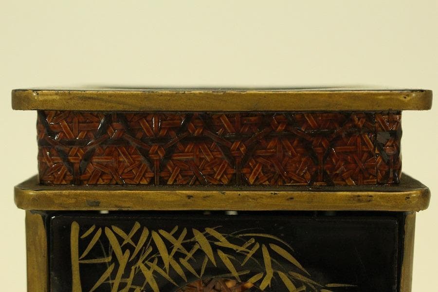 螺鈿蓋物 窓網代 花鳥蒔絵 四方 煙草具 二件(A742)