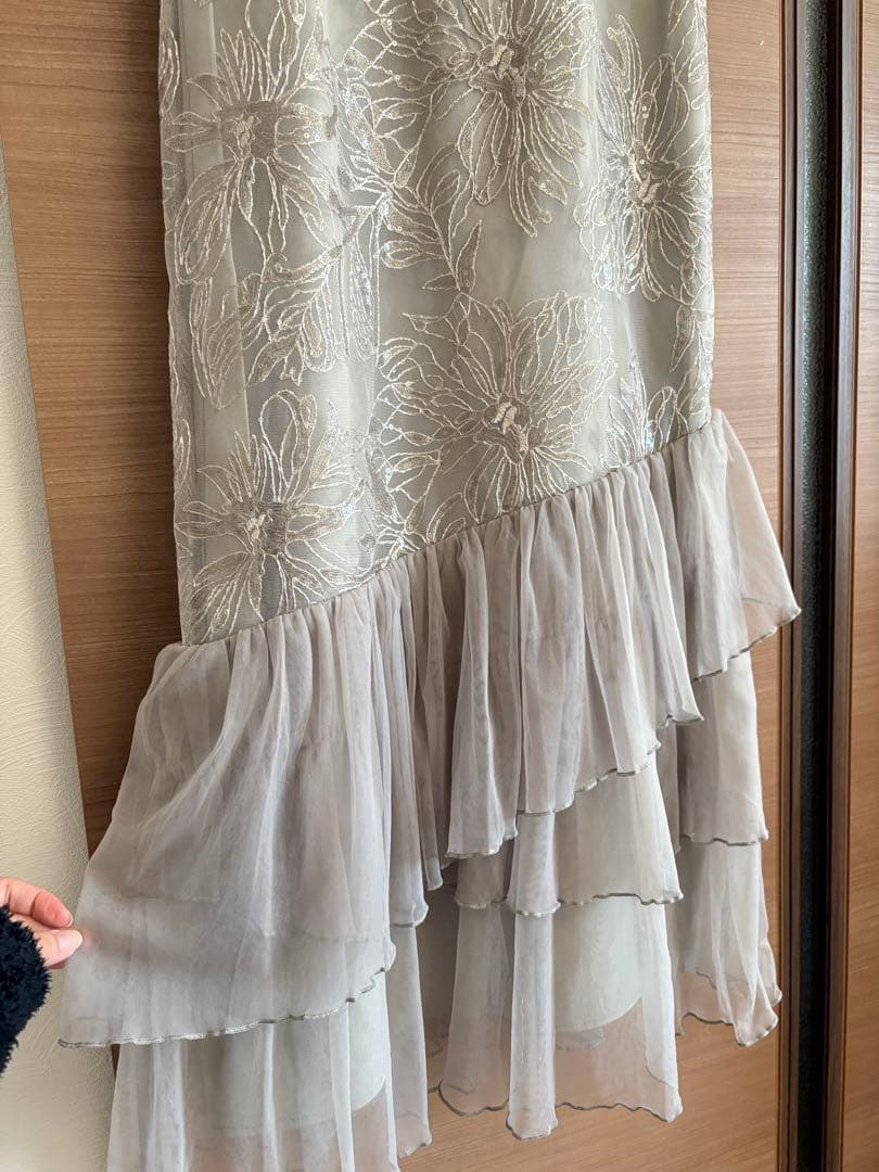 【Leja】フラワースパンコールチュールフリルスリーブIラインワンピース