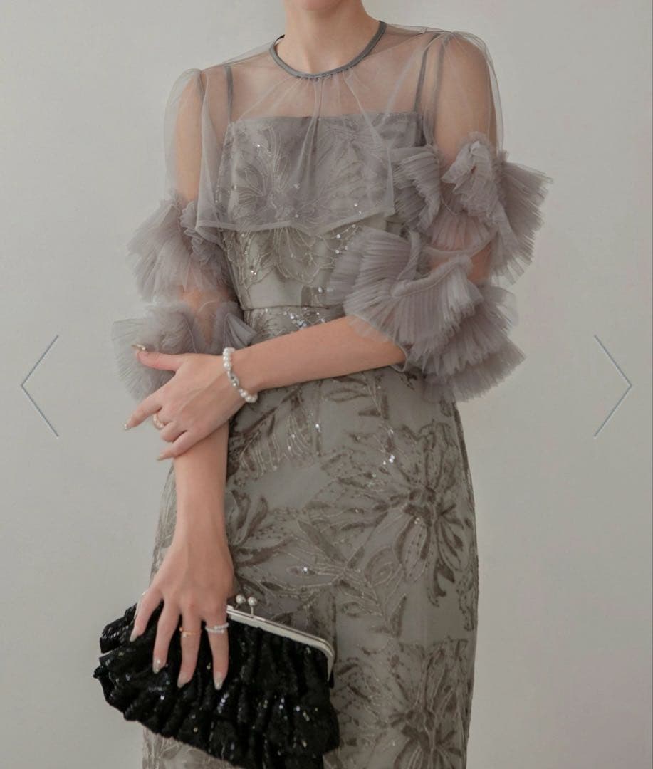 【Leja】フラワースパンコールチュールフリルスリーブIラインワンピース