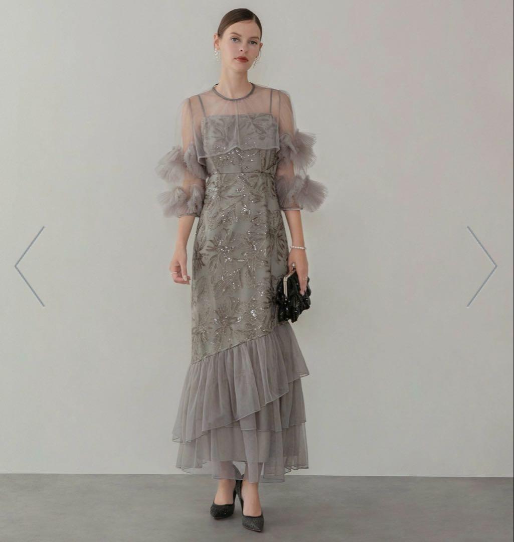 【Leja】フラワースパンコールチュールフリルスリーブIラインワンピース