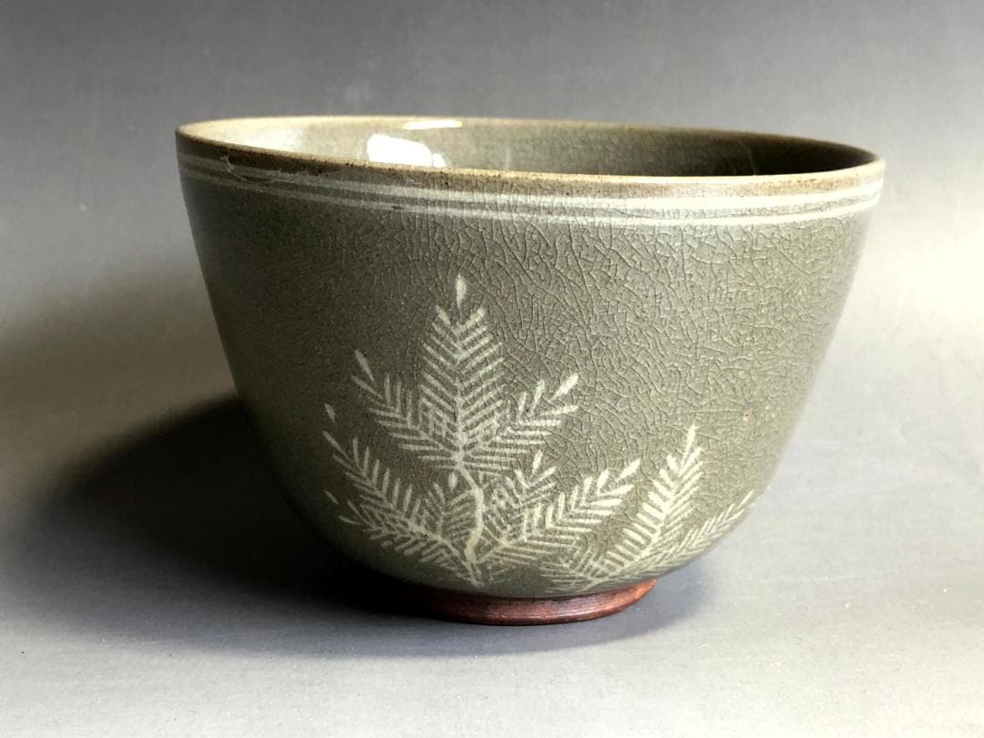 碗■高田焼若松象嵌入数茶碗 抹茶碗 お茶道具 古美術 時代物 骨董品■