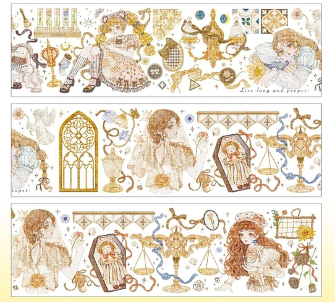 巻売 523★ 海外 マスキングテープ マステ PET 装飾 人物 金ホロ+水晶