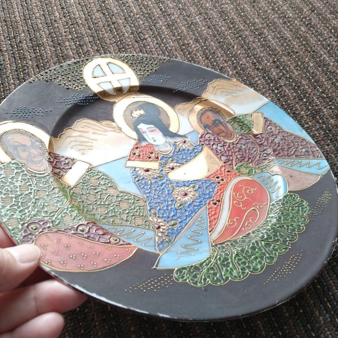 オールドニッポン　薩摩焼　薩摩十字　金襴手　観音羅漢図　８寸皿