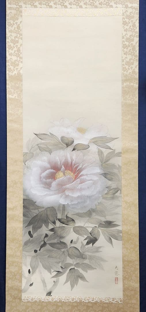 【白牡丹図】山本大慈 2675 ボタン 掛け軸 肉筆