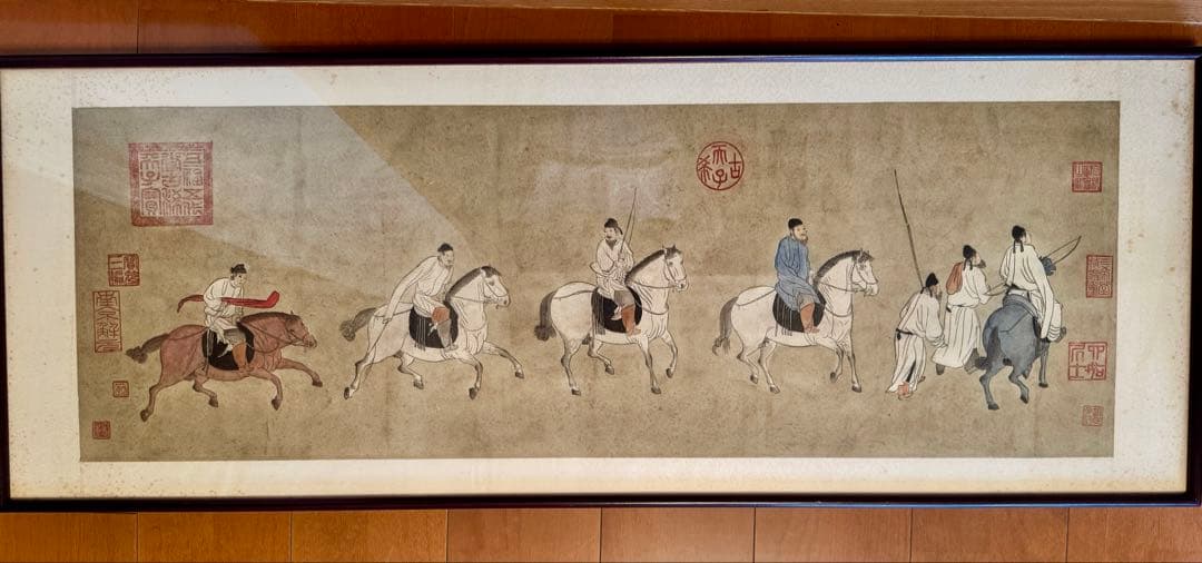 騎馬武士 中国画 工笔画 額付き