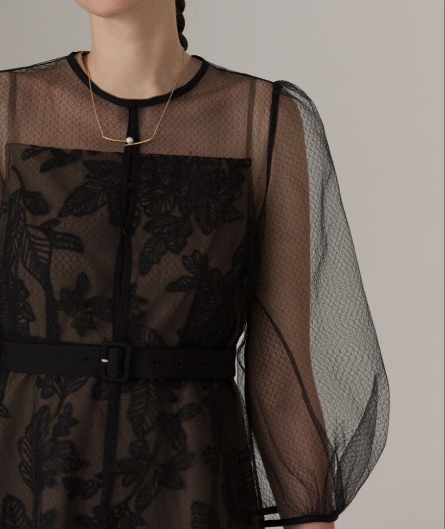 【LEJA】チュールパイピングリーフベルトAラインドレスワンピース Sサイズ