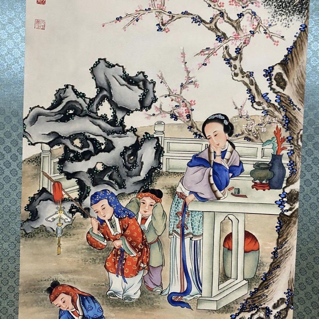 四尺 中堂 人物画 多子図 仇英風 宣紙 表装済み 防伪証明書付