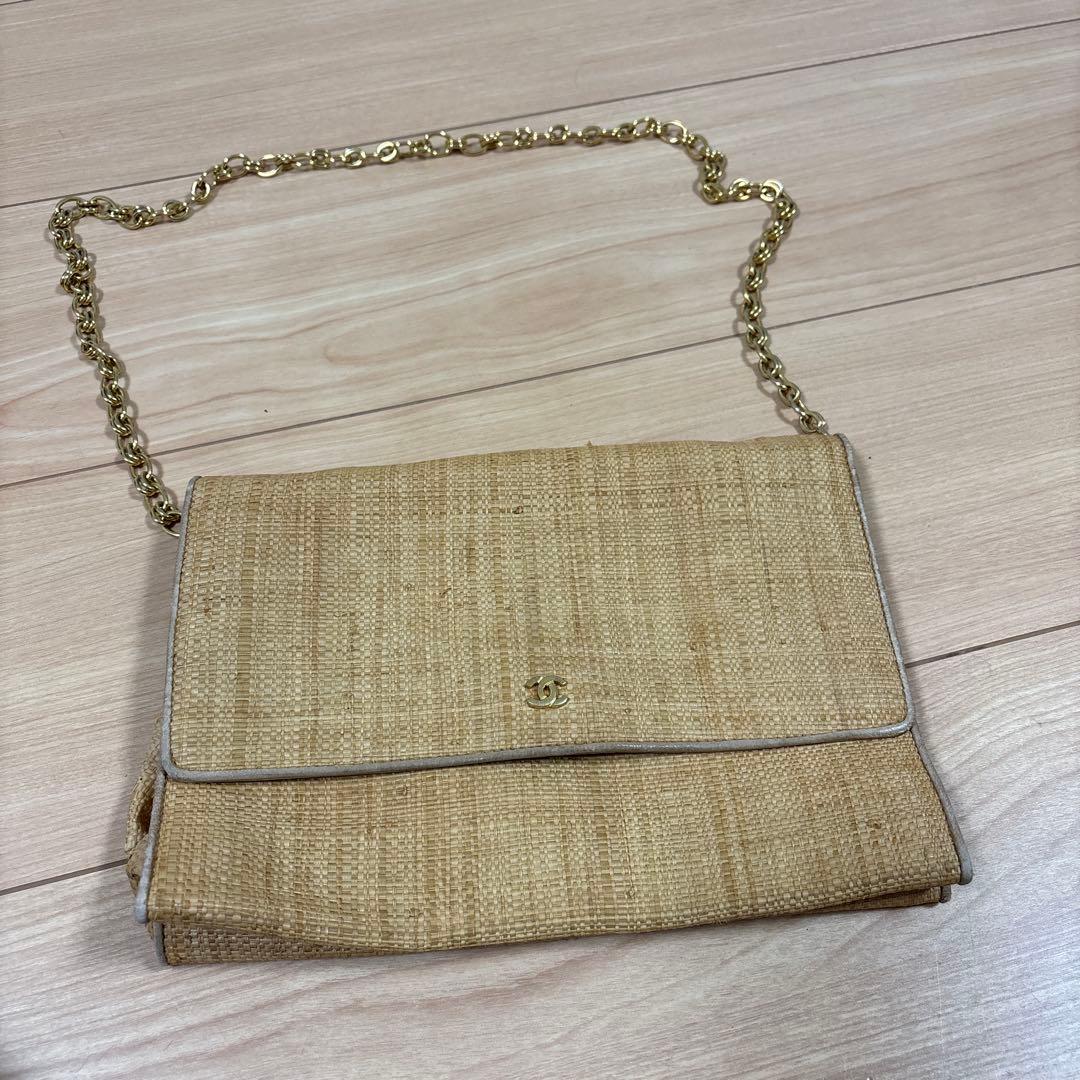CHANEL ベージュ ストロー パーティーバッグ
