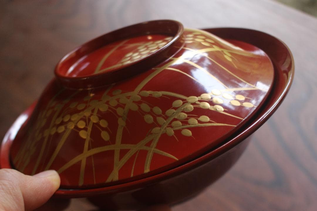 デッドストック！時代朱漆に極上稲穂雀蒔絵の映える大椀2点（検輪島塗蒔絵椀雑煮椀