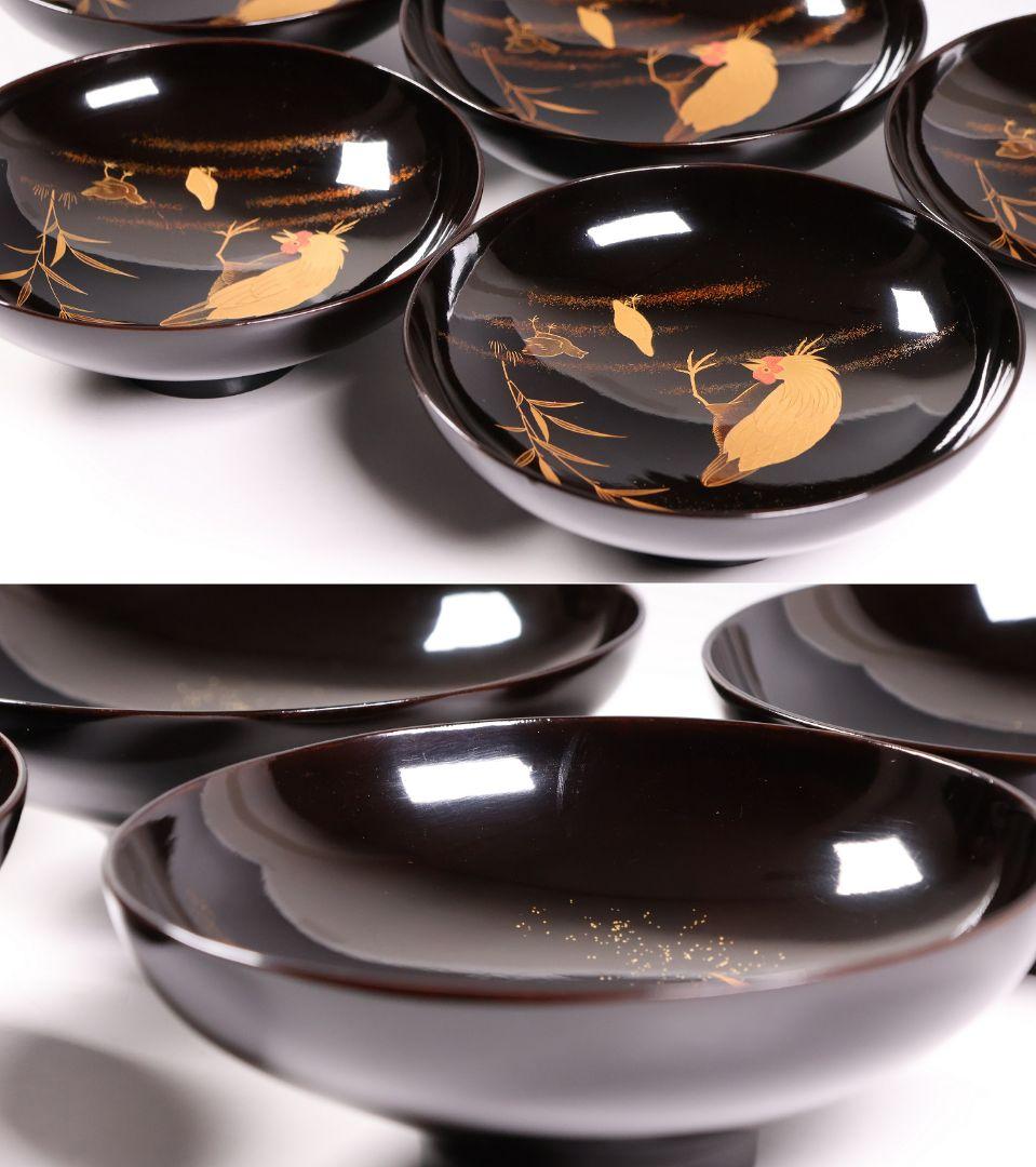 【CM354】時代蒔絵椀 竹に鶏金蒔絵 平椀五客 木製 /(検) 輪島塗加賀能登