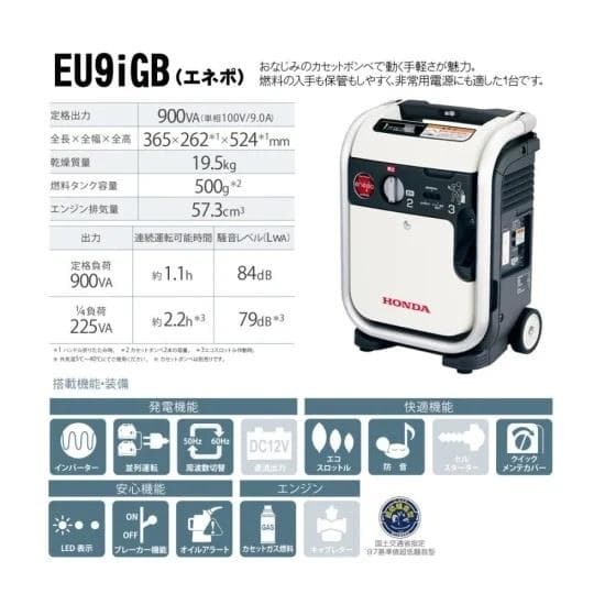 ほぼ未使用■HONDA■ エネポ ガスボンベ式 発電機 EU9iGB 防災