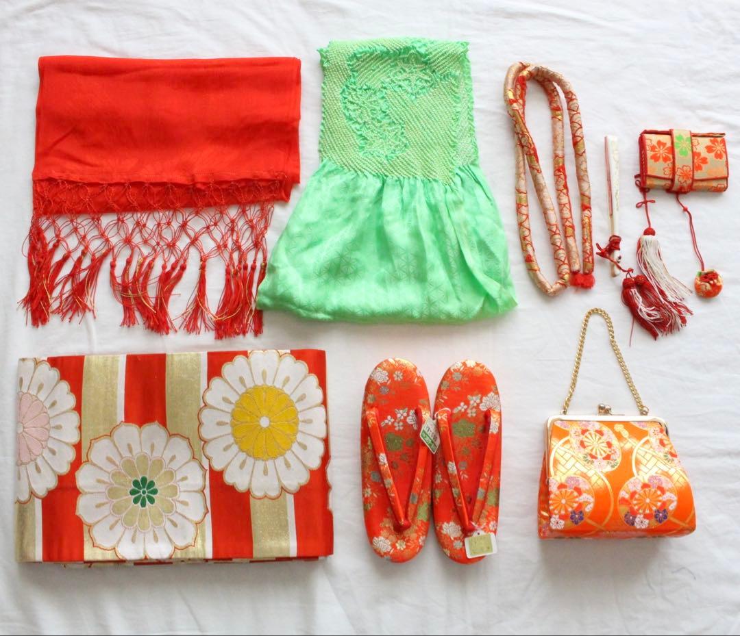 七五三 5歳 7歳 女の子 子供 青 着物 帯 セット