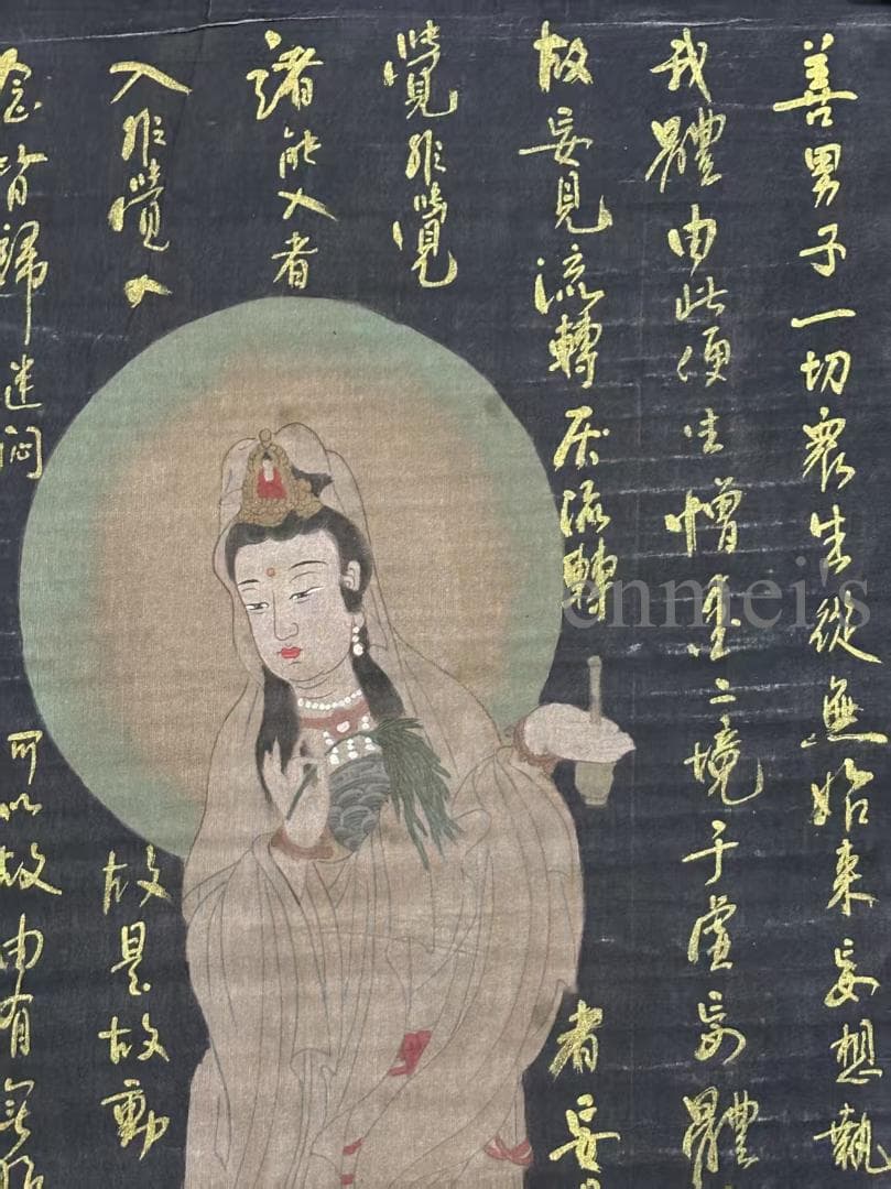 中国古美術 呉道子作款 観音菩薩仏像図 水墨画 老絹 仏教美術 肉筆 文房