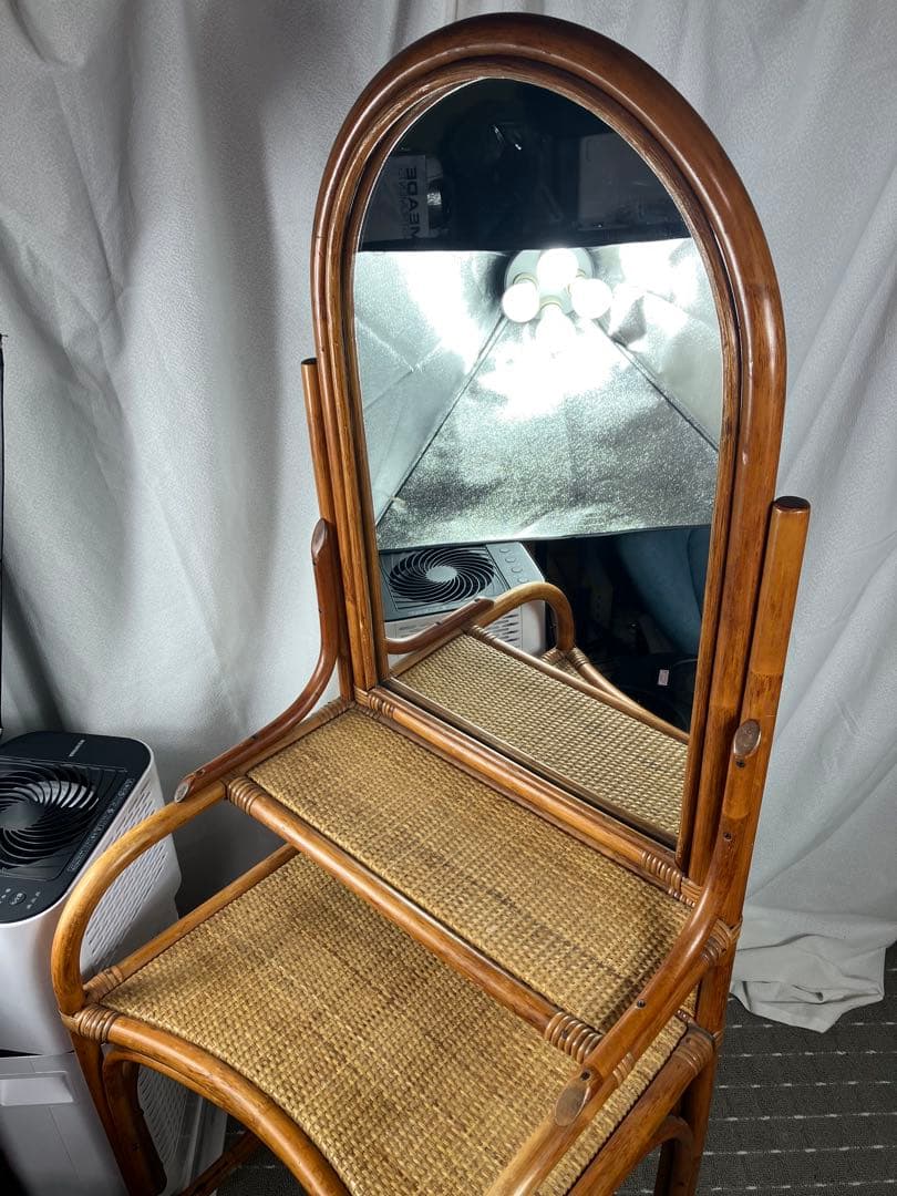 即購入不可　昭和レトロ×天然素材　籐製ミラー付きドレッサー＆スツールセット