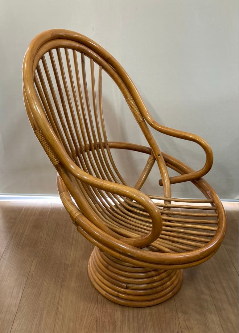 ラタンチェア 360度 回転式 籐家具 ひじ掛け 昭和レトロ