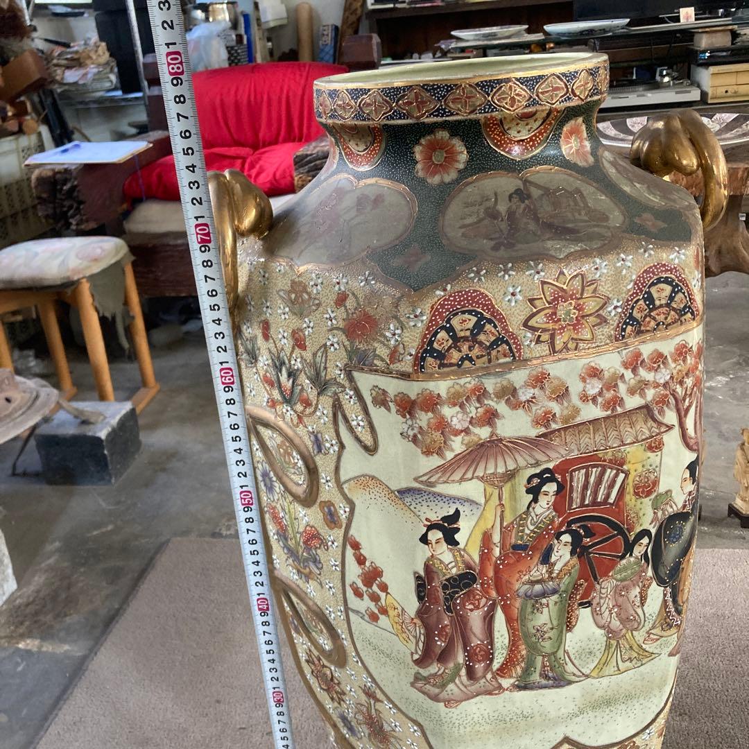 特大 薩摩焼 細密画大花瓶 耳付き 極彩色 高さ78cm アンティーク