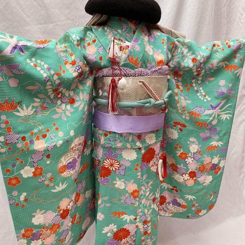 510ag39、帯揚げ帯締めしごき◎七五三 七歳 女児 着物&袋帯 総柄 銀彩◎