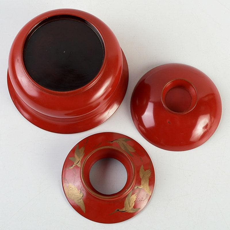 和食器　朱塗　鶴蒔絵　椀　盃　時代箱　V　9585