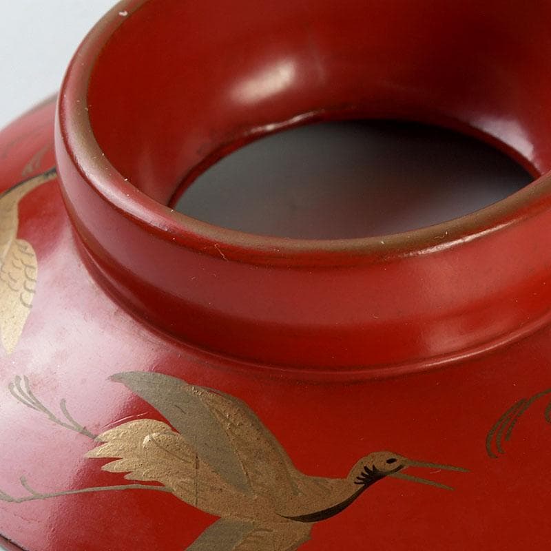 和食器　朱塗　鶴蒔絵　椀　盃　時代箱　V　9585