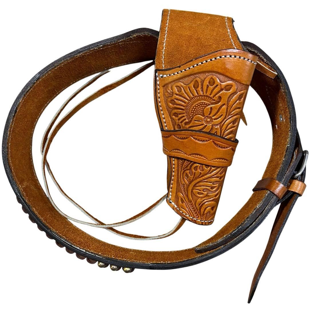 未使用級　カービングレザーガンベルト ナチュラルW最長約109cm最短約94cm