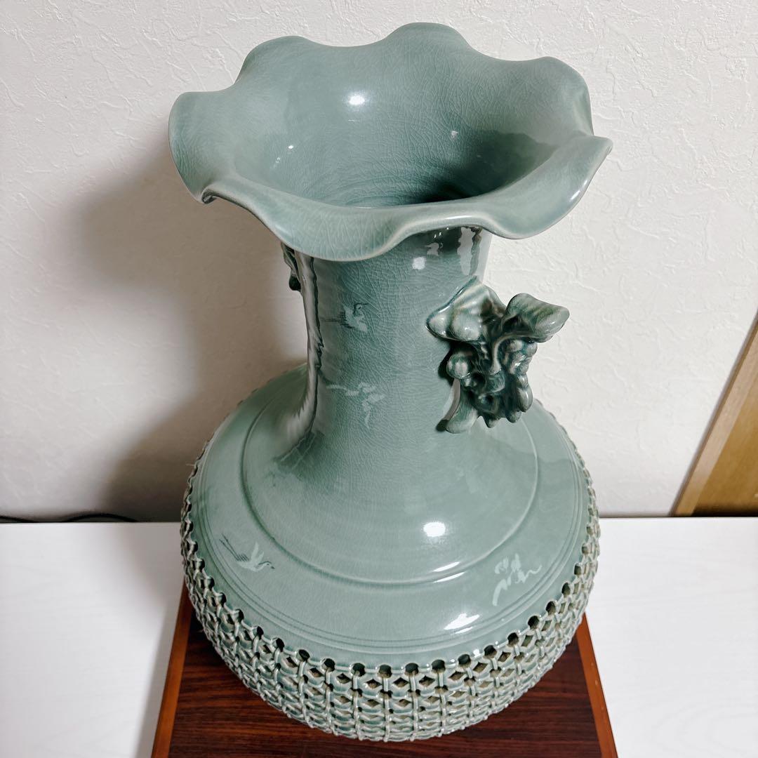 【特大】高麗青磁 海光作 龍耳透かし彫り 大花瓶 63cm 11.8kg 雲鶴紋