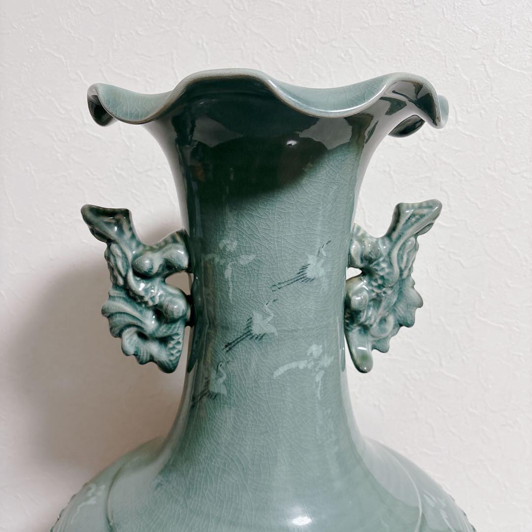 【特大】高麗青磁 海光作 龍耳透かし彫り 大花瓶 63cm 11.8kg 雲鶴紋