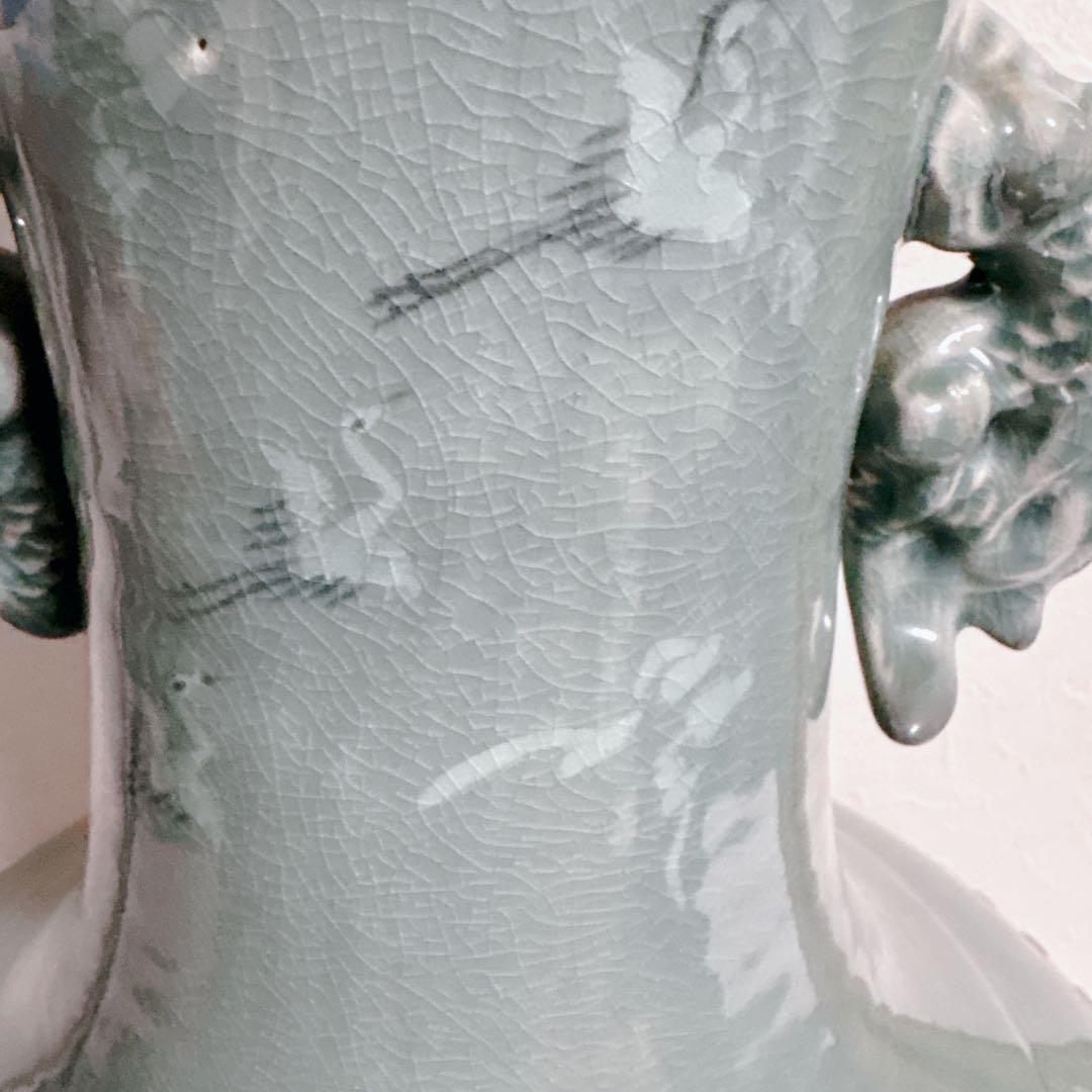 【特大】高麗青磁 海光作 龍耳透かし彫り 大花瓶 63cm 11.8kg 雲鶴紋