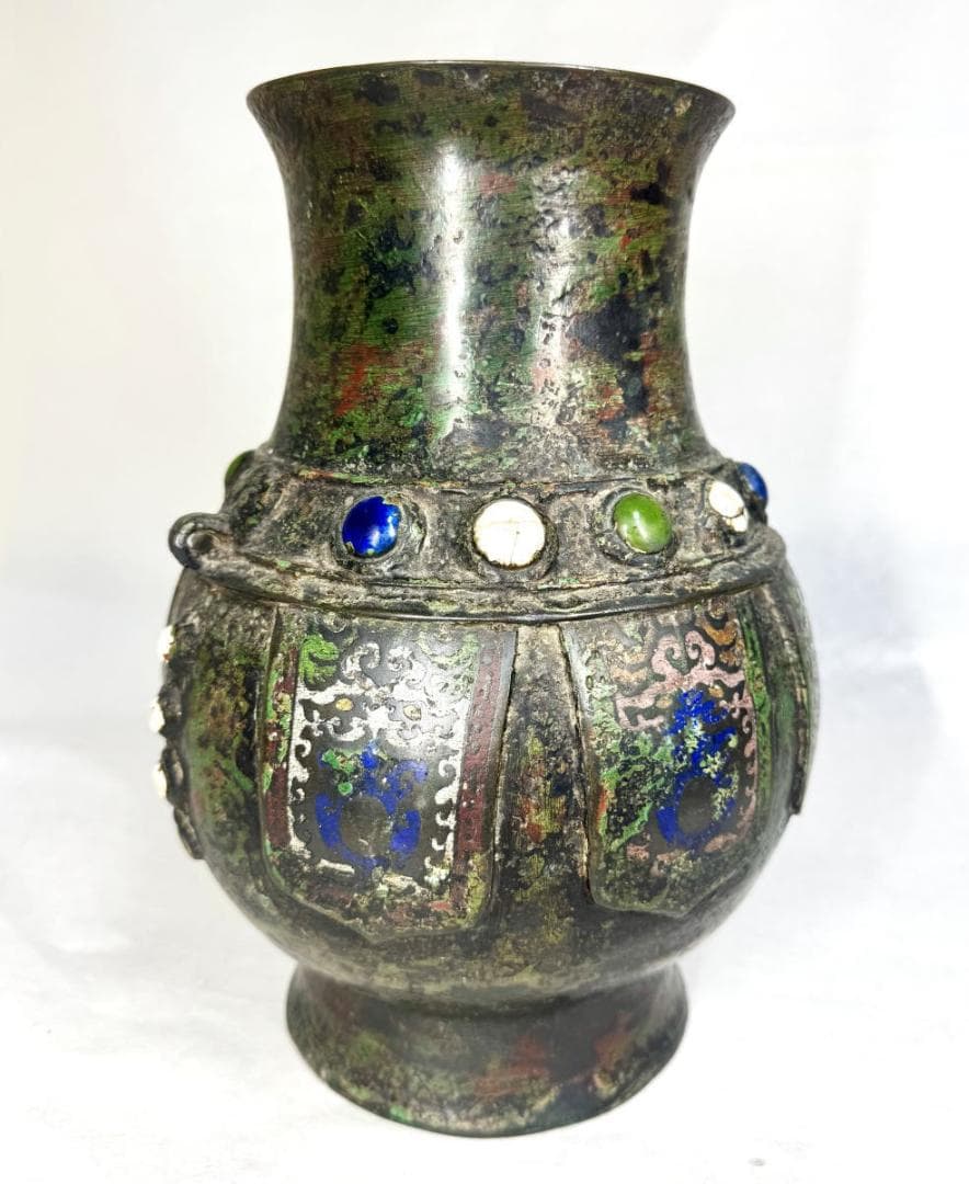 明時代 百整謹製 古銅双耳七宝壺 古美術 花瓶 ウブ品 入手困難 WWST044