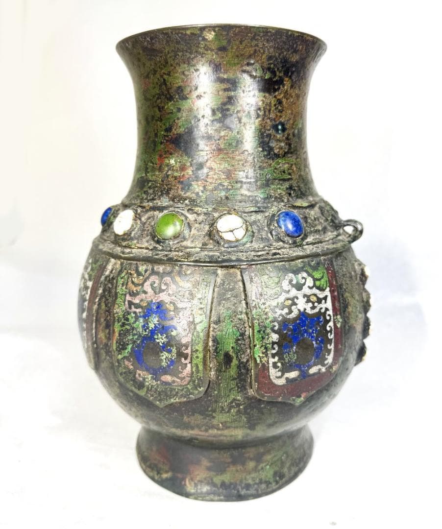 明時代 百整謹製 古銅双耳七宝壺 古美術 花瓶 ウブ品 入手困難 WWST044