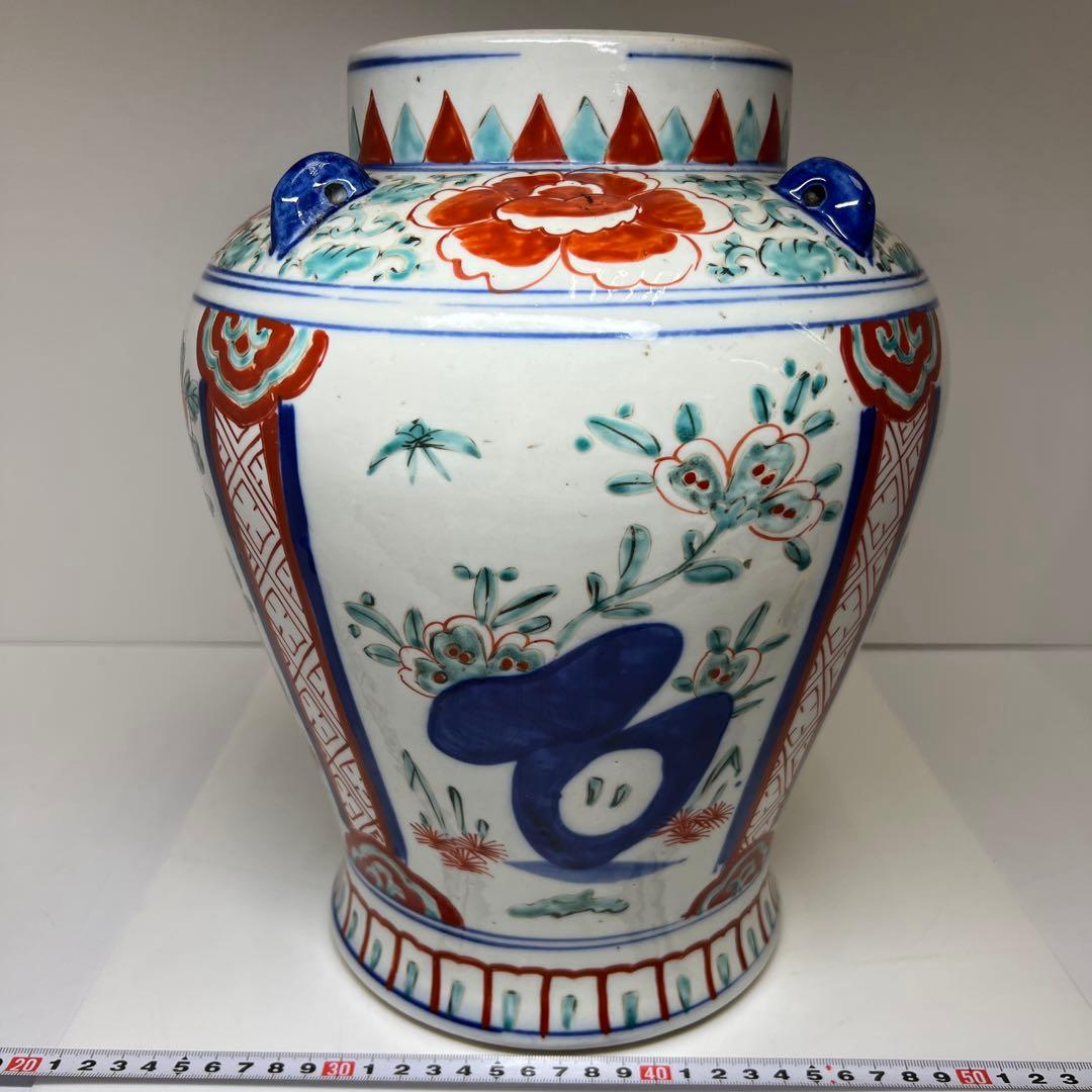 中国古玩　赤絵耳付壷　高さ約32㎝　東Y7-1104①トヒオ