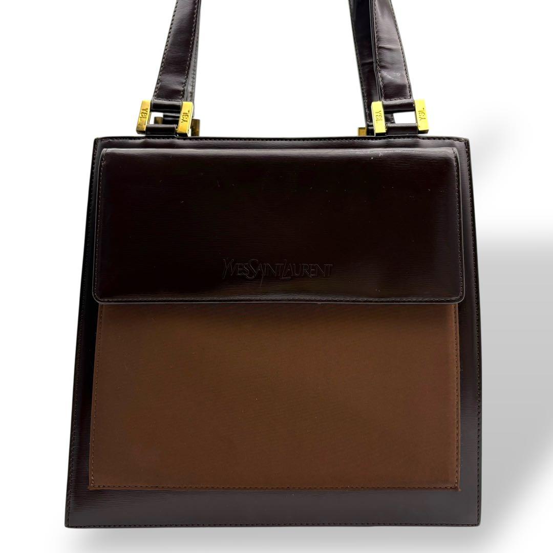 イヴサンローラン ハンドバッグ トート 腕掛け レザー 茶 ブラウン 型押しロゴ