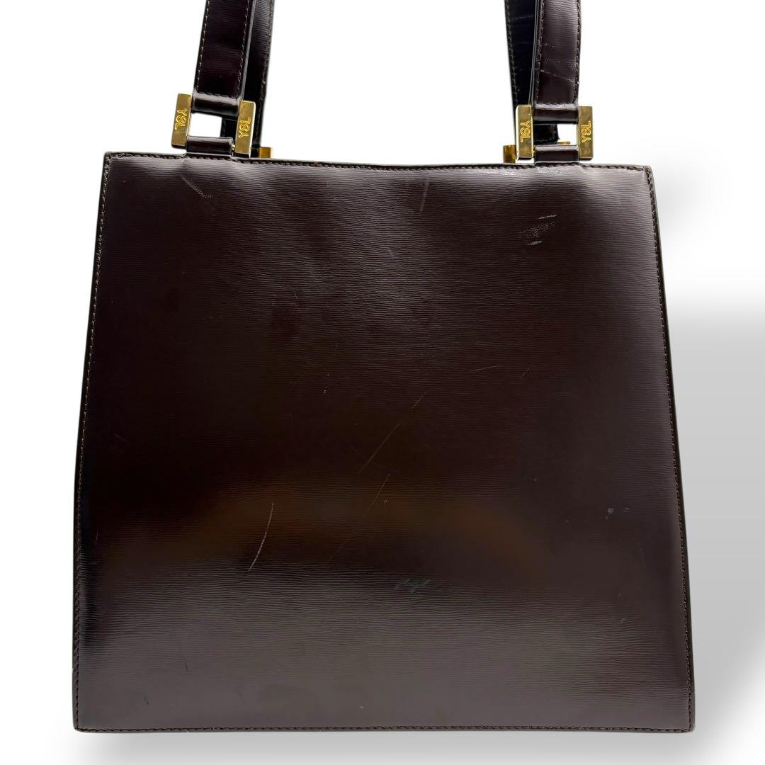 イヴサンローラン ハンドバッグ トート 腕掛け レザー 茶 ブラウン 型押しロゴ