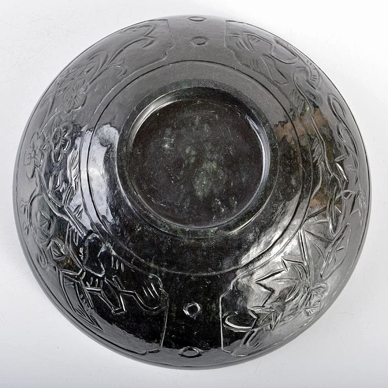 中国　玉石彫刻　花刻　鉢　唐木台付　V　R5378