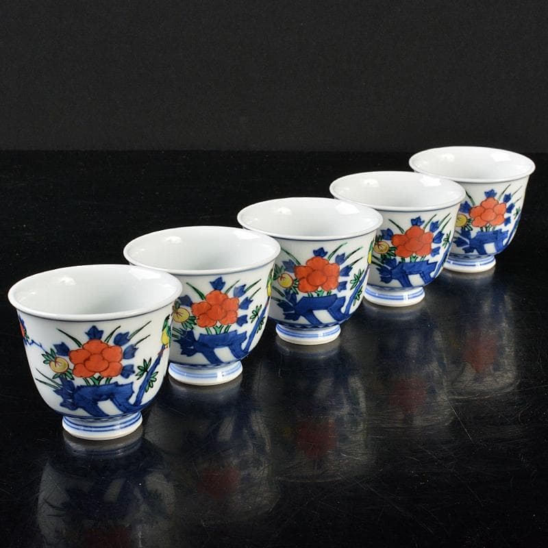 煎茶道具　渋草焼　芳国造　染付赤絵　花鳥文　煎茶碗　五客　共箱　D　R6417