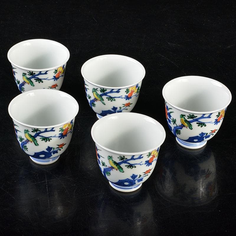 煎茶道具　渋草焼　芳国造　染付赤絵　花鳥文　煎茶碗　五客　共箱　D　R6417