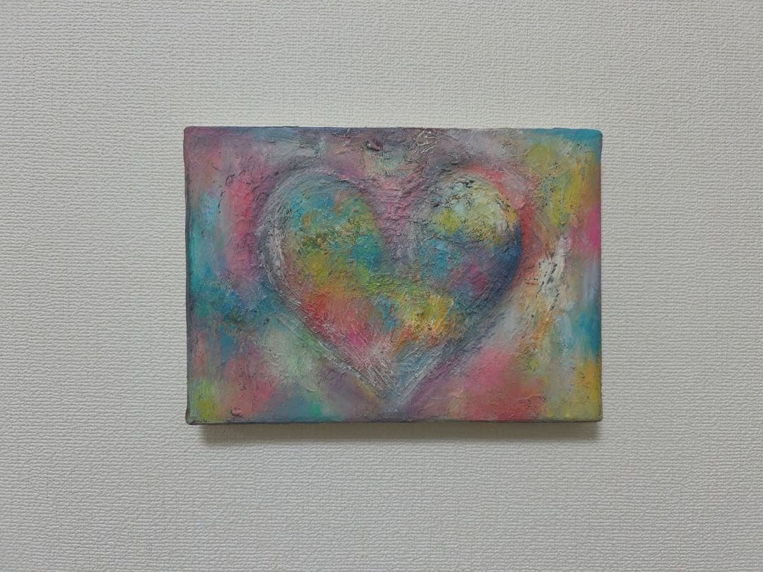 ハートの絵、油絵、原画、インテリア、油彩画、絵画、カラフル、現代アート
