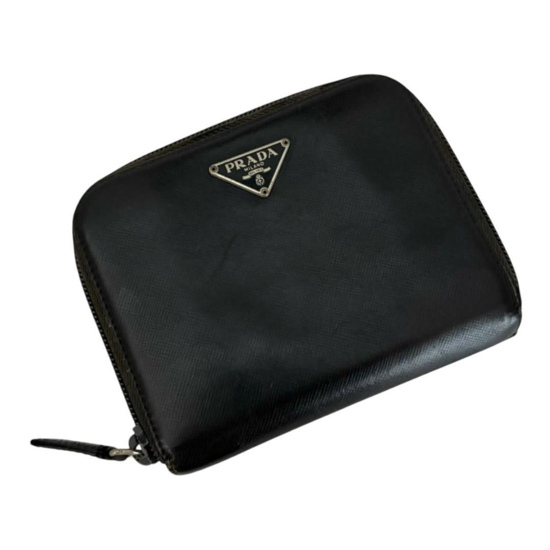 良品 PRADA 二つ折り 三角プレート サフィアーノ レザー 黒 ブラック