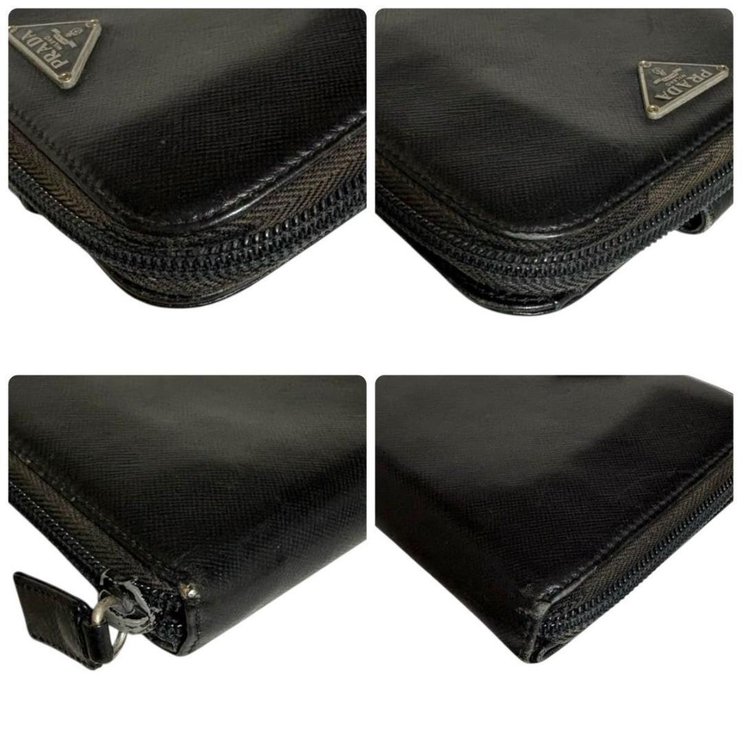 良品 PRADA 二つ折り 三角プレート サフィアーノ レザー 黒 ブラック