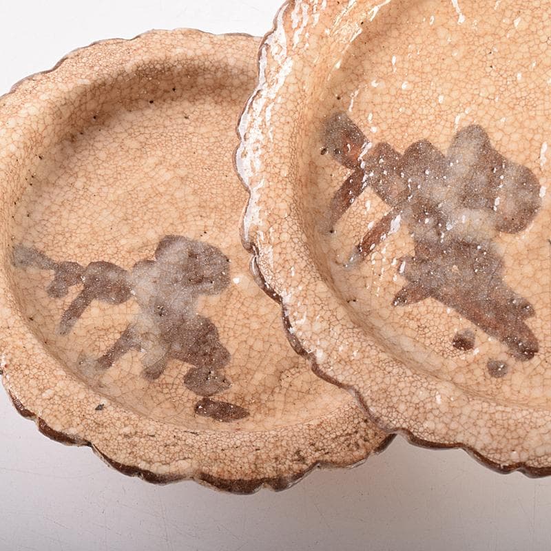 和食器　志野焼　絵志野　松文　雪輪形　菓子皿　五客　在銘　共箱　D　R7842