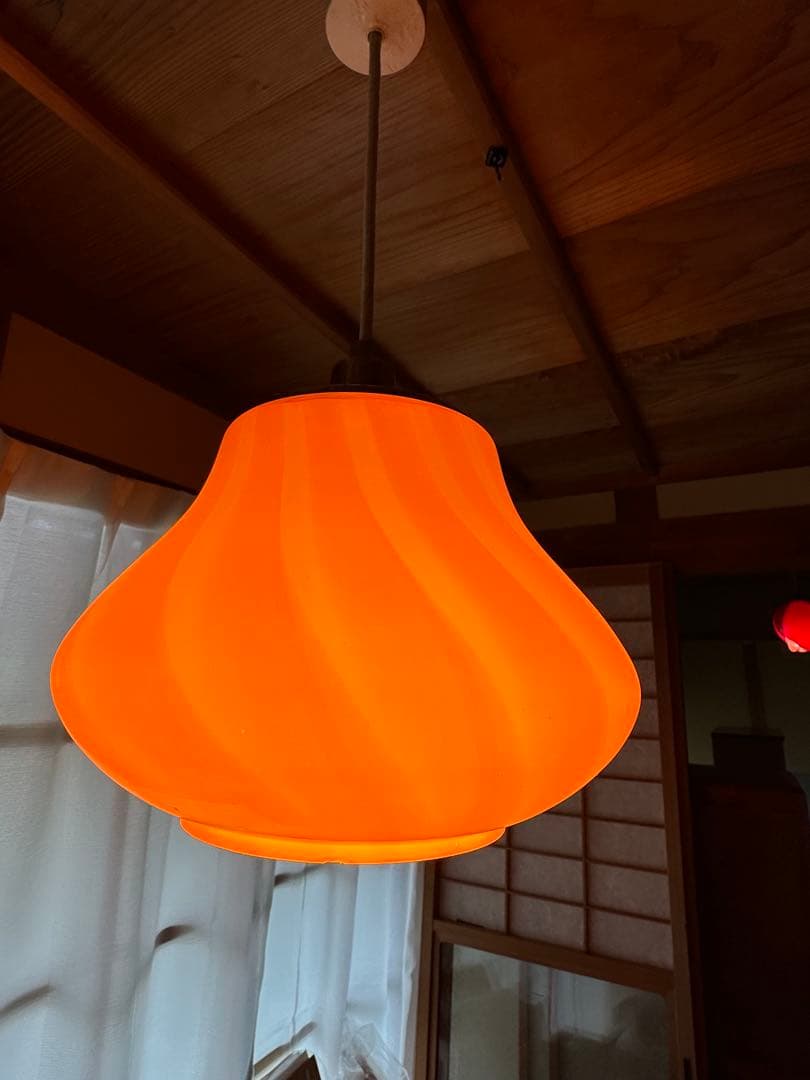 昭和レトロ　ペンダントライト　ガラス製　縞模様　岩崎電気　レトロライト