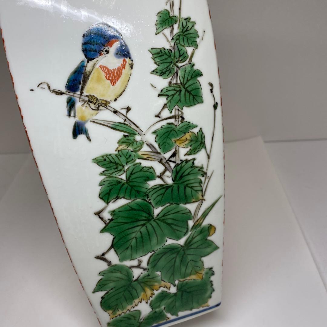 鈴木爽司　色絵花鳥図　角瓶　高さ約29.5㎝　東さ8-0107①