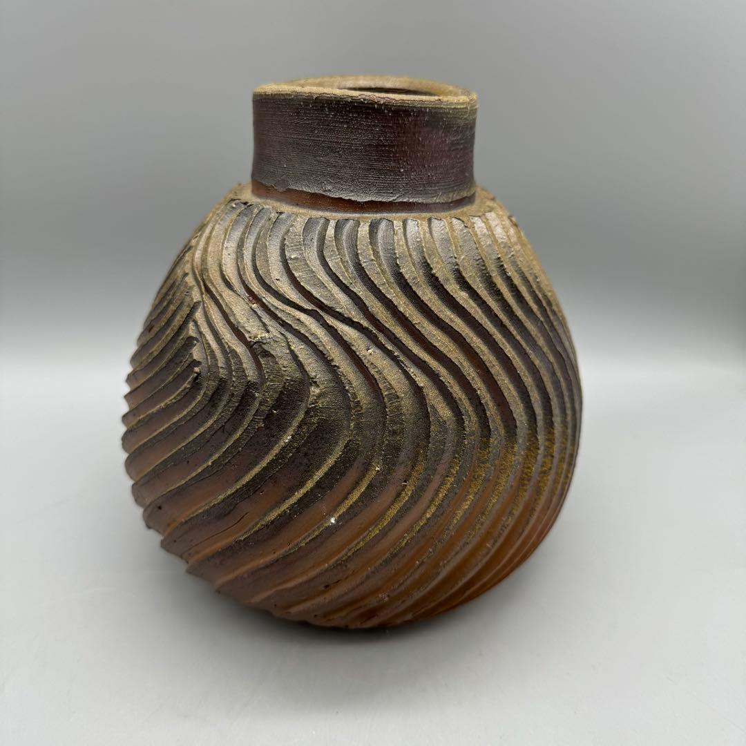 【備前焼 柴岡紘一　扁壺　共箱】花入　骨董　アンティーク　インテリア