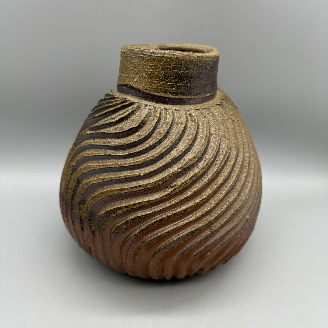 【備前焼 柴岡紘一　扁壺　共箱】花入　骨董　アンティーク　インテリア