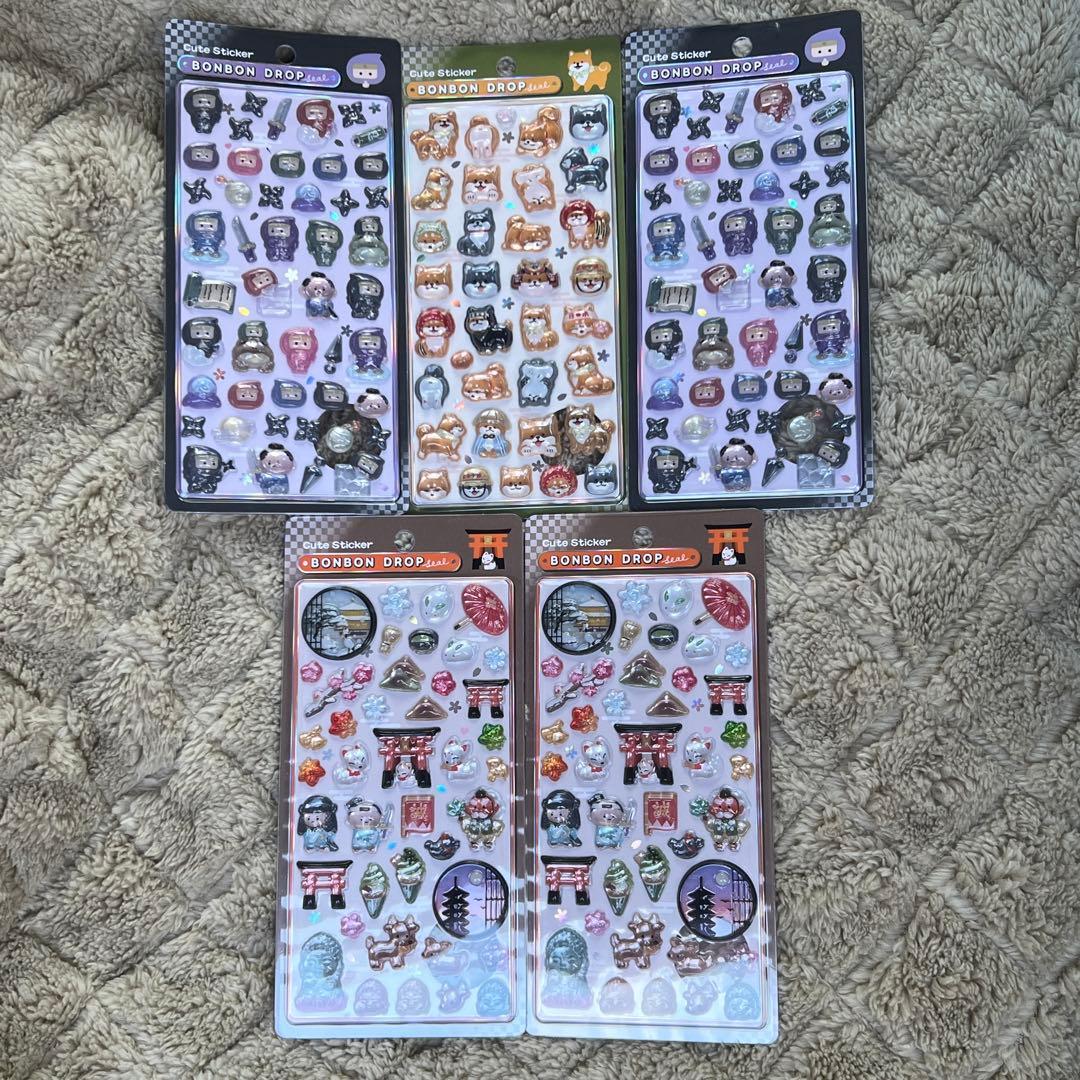 【正規品】ボンボンドロップシール和柄5枚セット（古都めぐり×2、忍者×2、柴犬）