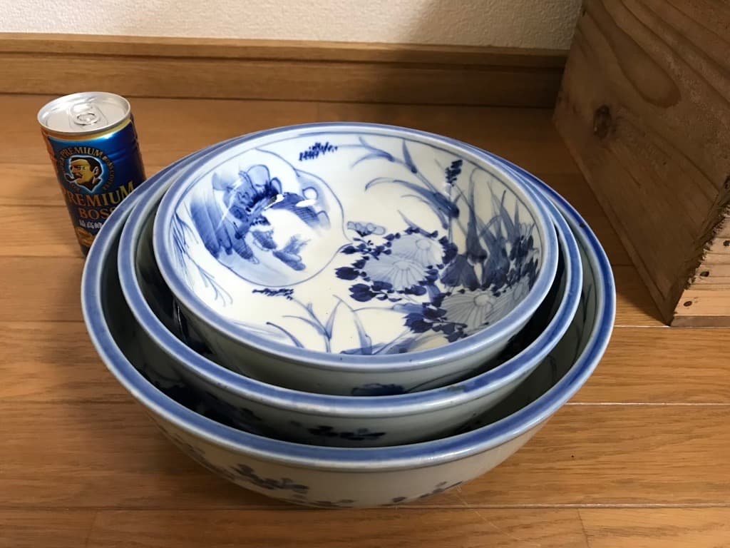 【アンティーク・天保10年】 古伊万里 染付 藍染 三ツ丼 木箱付き