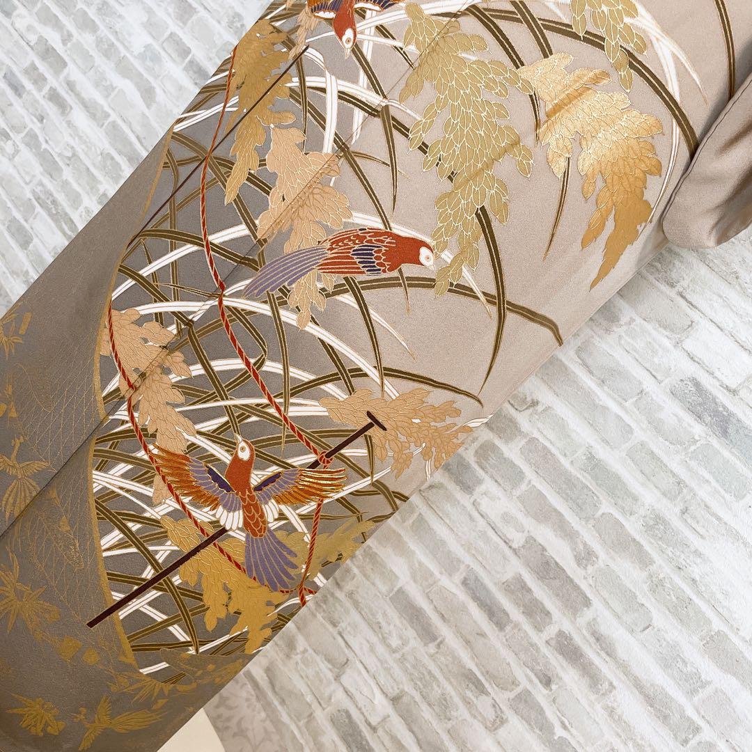 色留袖　フルセット　稲穂　鳥　丸に三つ柏　金駒　金彩　五つ紋　比翼仕立て　L3